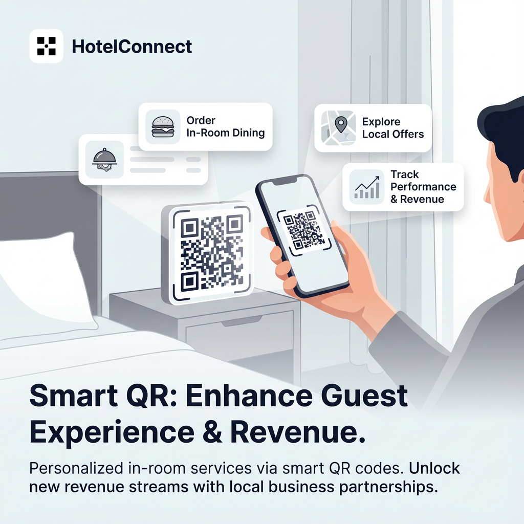 Smart QR code technology implementation in modern hotel rooms showing guests scanning QR codes for instant access to hotel information, local recommendations, and services